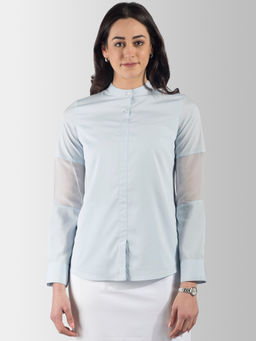 FableStreet - Mandarin Collar Back & Sleeve Sheer Detail Top