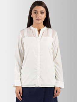 FABLE STREET - Open Mandarin Collar Pleated Sheer Yoke Top