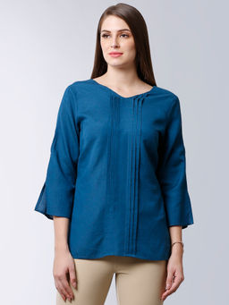 FABLE STREET - Peacock Blue Front Pleat Slit Sleeve Top