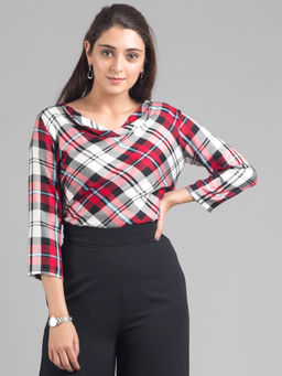 FableStreet - Cowl Neck Plaid Top