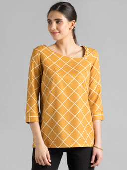 FABLE STREET - Mustard Asymmetric Neck Bias Checks Print Top