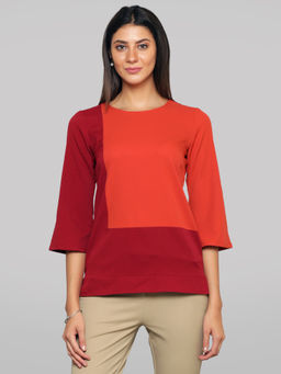 FableStreet - Red Colour Block Round Neck Top