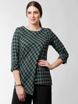 FableStreet - Green And Black Round Neck Checks Top
