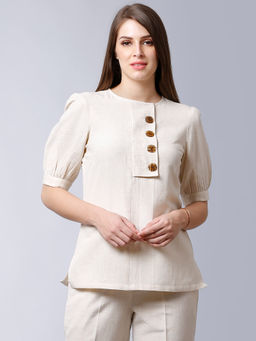 FABLE STREET - Ivory Round Neck Puff Sleeve Top