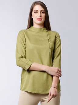 FableStreet - Green Funnel Neck Button Top