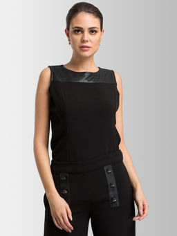 FABLE STREET - Black Round Neck Faux Leather Top