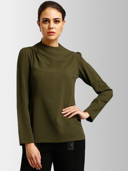 FABLE STREET - Olive High Neck Puff Sleeves Top