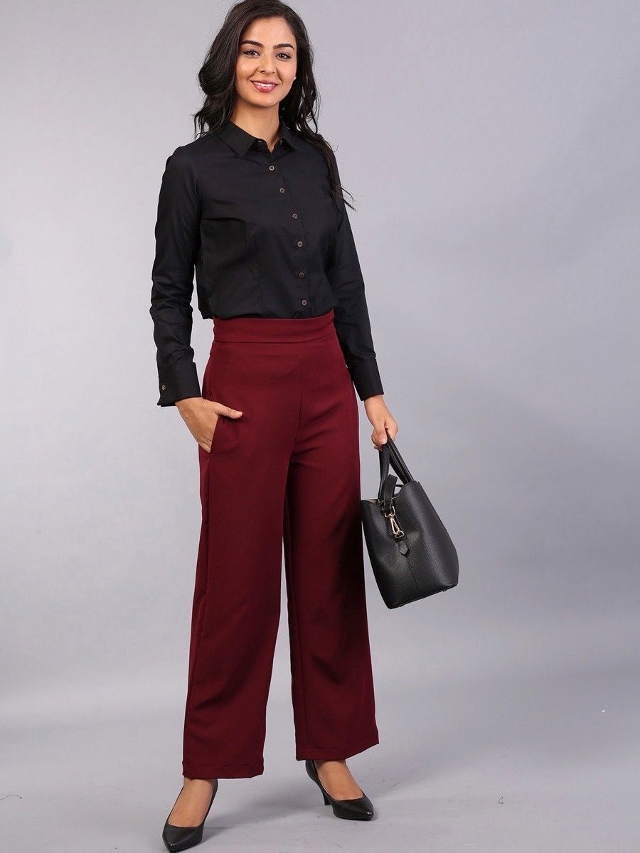 High Waist Wide Leg Trousers - Maroon 