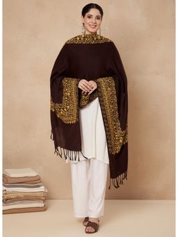 Zamour - Floral Border Aari Embroidery Stole-Brown
