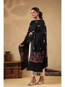 Zamour - Sozni Floral Embroidery Kashmiri Shawl-Black