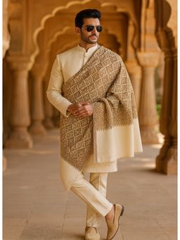 MUFFLY - Men Embroidered Wool Off White Shawl