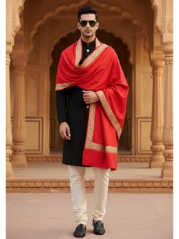 MUFFLY - Wool Blend Golden Embroidered Border Shawl - Red