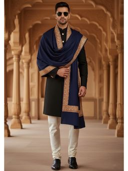 MUFFLY - Wool Blend Golden Embroidered Border Shawl - Blue