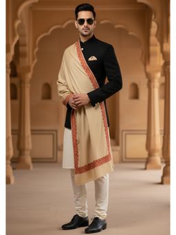 MUFFLY - Wool Blend Golden Embroidered Border Shawl - Beige