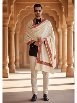 MUFFLY - Wool Blend Golden Embroidered Border Shawl - White