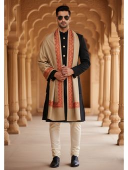 MUFFLY - Wool Blend Khaki Embroidered Border Shawl