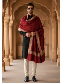 MUFFLY - Wool Blend Golden Embroidered Border Shawl - Maroon