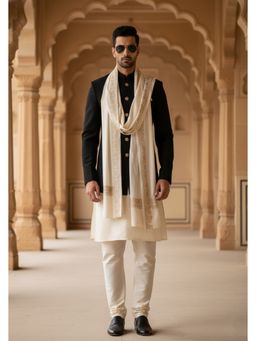 MUFFLY - Wool Blend Golden Embroidered Border Shawl - White