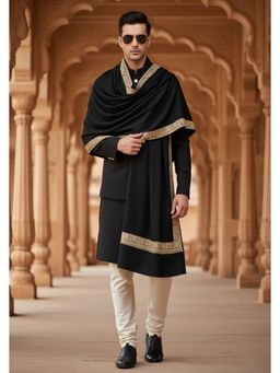 MUFFLY - Wool Blend Golden Embroidered Border Shawl - Black