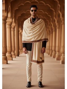 MUFFLY - Wool Blend Copper-Red Embroidered Border Shawl - White