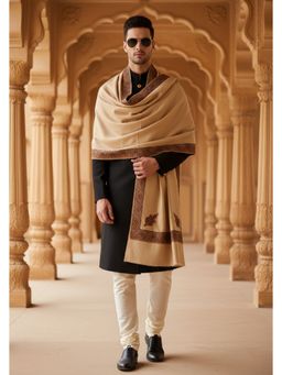 MUFFLY - Wool Blend Copper-Red Embroidered Border Shawl - Beige