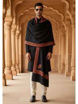 MUFFLY - Wool Blend Copper-Red Embroidered Border Shawl - Black