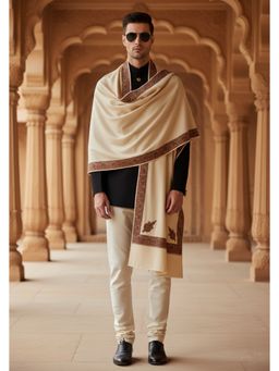 MUFFLY - Wool Blend Copper-Red Embroidered Border Shawl - Cream