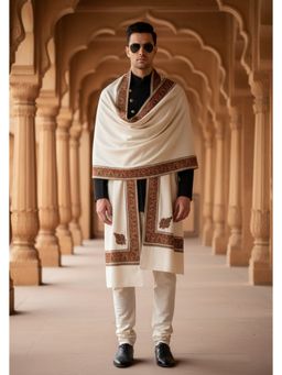 MUFFLY - Wool Blend Multicolour Embroidered Border Shawl - White