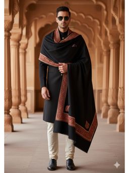 MUFFLY - Wool Blend Multicolour Embroidered Border Shawl - Black