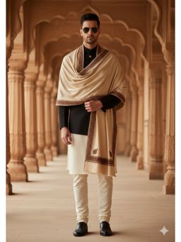 MUFFLY - Wool Blend Cream Embroidered Border Shawl