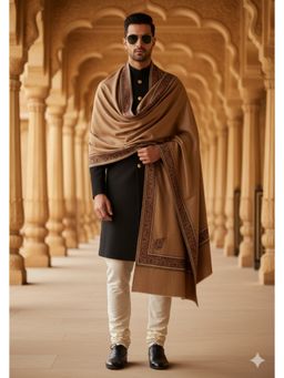 MUFFLY - Wool Blend Embroidered Border Shawl - Brown
