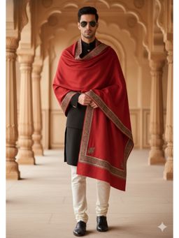 MUFFLY - Wool Blend Embroidered Border Shawl - Red