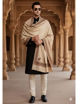 MUFFLY - Wool Blend Beige Embroidered Border Shawl