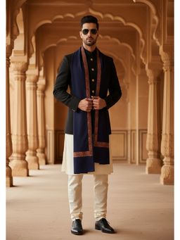 MUFFLY - Wool Blend Intricate Golden Embroidered Border Shawl - Blue