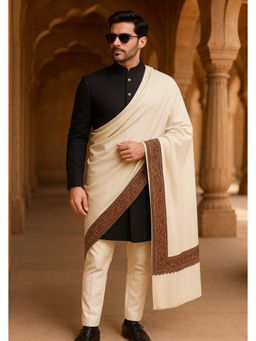 MUFFLY - Wool Blend Intricate Golden Embroidered Border Shawl - White