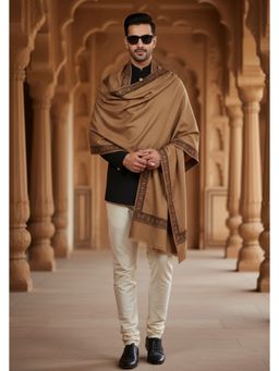 MUFFLY - Wool Blend Intricate Embroidered Border Shawl - Brown