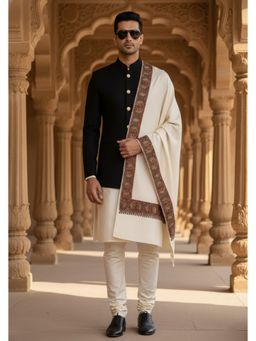 MUFFLY - Wool Blend Intricate Embroidered Border Shawl - White