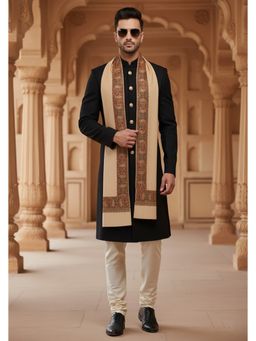 MUFFLY - Wool Blend Intricate Embroidered Border Shawl - Beige