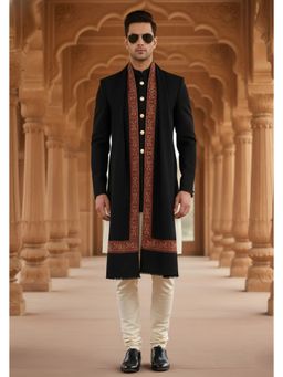 MUFFLY - Wool Blend Intricate Embroidered Border Shawl - Black