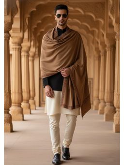 MUFFLY - Wool Blend Rich Embroidered Border Shawl - Brown