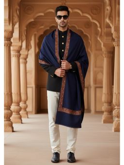 MUFFLY - Wool Blend Rich Embroidered Border Shawl - Blue