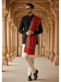 MUFFLY - Wool Blend Rich Embroidered Border Shawl - Red