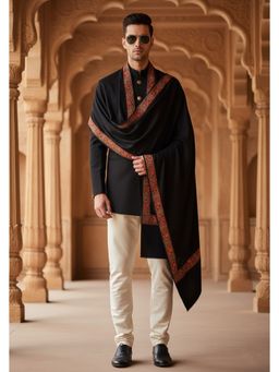 MUFFLY - Wool Blend Rich Embroidered Border Shawl - Black