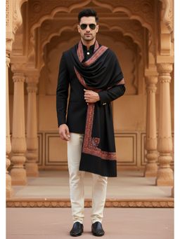 MUFFLY - Wool Blend Embroidered Border & Motifs Shawl - Black