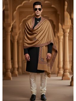MUFFLY - Wool Blend Embroidered Border & Motifs Shawl - Brown