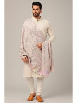 MUFFLY - Men White Fine Soft Ethnic Bamboo Silk Authentic Kashmiri Jama war Design Shawl