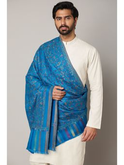 MUFFLY - Men Blue Fine Soft Ethnic Bamboo Silk Authentic Kashmiri Jama war Design Shawl