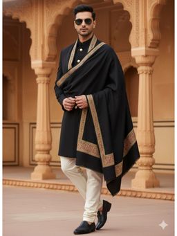 MUFFLY - Fine Wool Kashmiri Paisley & Floral Embroidered Border Shawl - Black