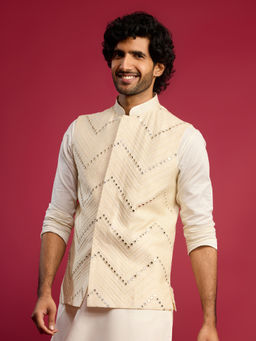 Vastramay - Men's Cream Mirror Work Nehru Jacket