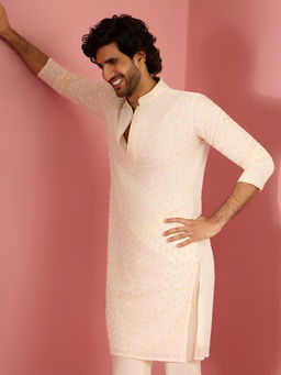 Vastramay - Mens Off White Silk Blend Embroidered Sequined Kurta